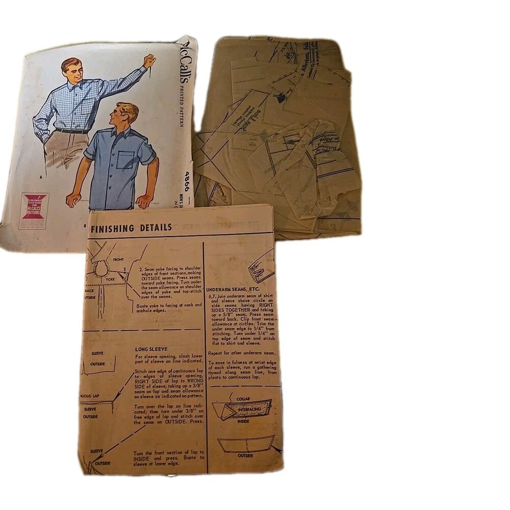 Vtg McCall's 4866 Men's Button Down Shirt‎ Sewing Cut Pattern Size Large 16-16.5